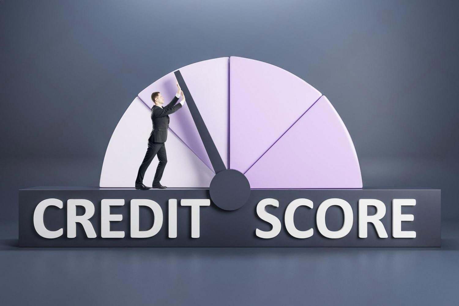 Illustration of a businessman adjusting a credit score meter representing financial health